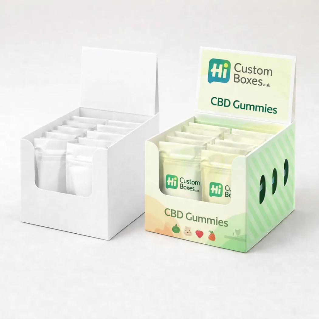 Two hanging retail boxes- one minimalist white and one decorated with vibrant purple and green patterns- class=